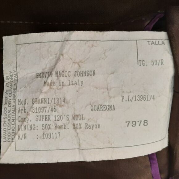 Magic Johnson 46R Blazer Italy Super 120s Wool Pinstripe Brown Suit Jacket Vtg - Picture 5 of 9